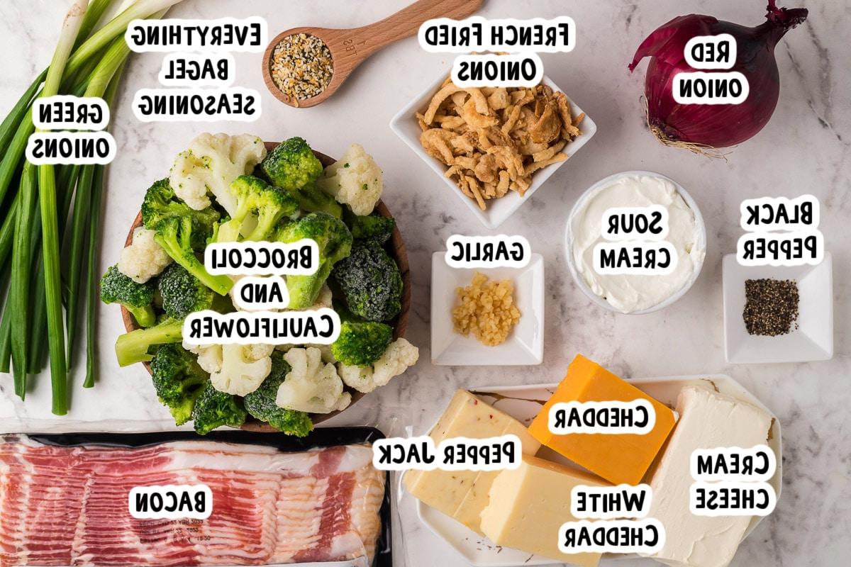 Ingredients for broccoli and cauliflower casserole on a table with text labels.