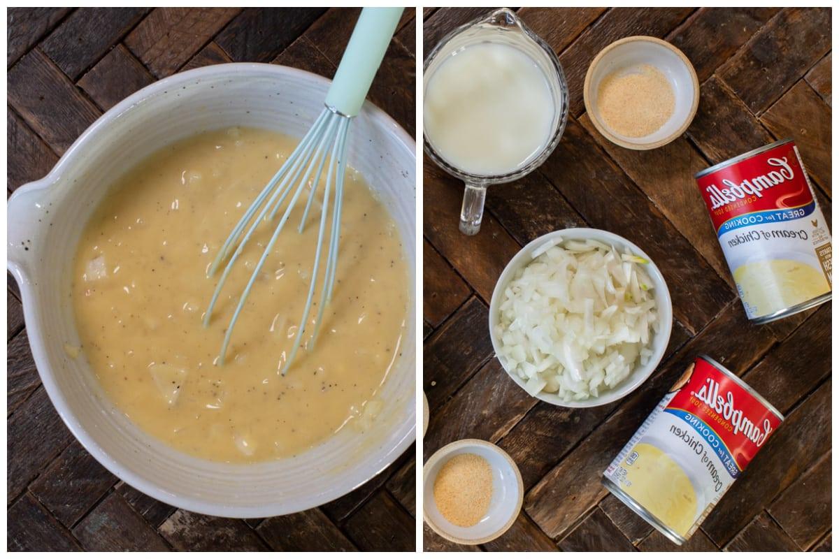 Sformato di Pollo e Crocchette di Patate a Cottura Lenta 3 Immagine collage della salsa per la casseruola di tater tots
