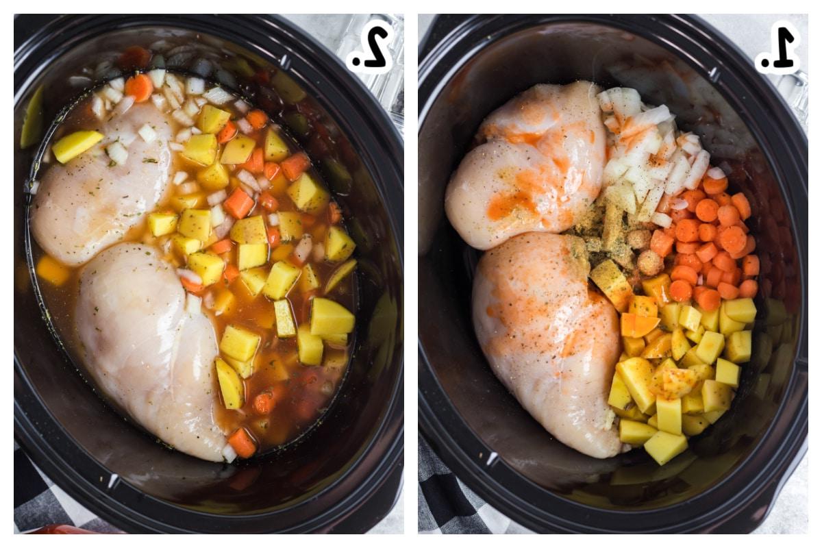 Zuppa di Pollo alla Buffalo a Cottura Lenta 3 collage di 2 immagini su come mettere gli ingredienti per la zuppa di pollo buffalo nello slow cooker