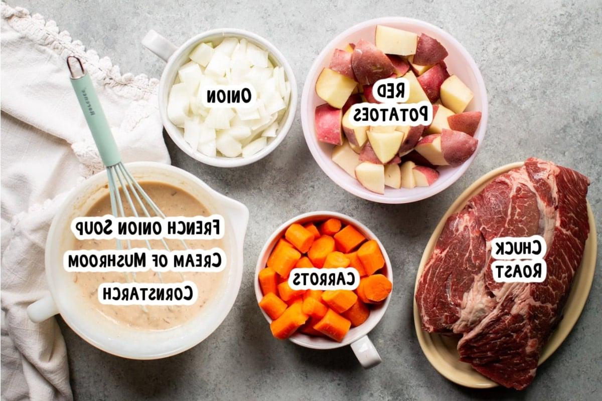 Brasato della Nonna per la Cena {con sugo che si forma da sé} 3 Ingredienti per arrosto di manzo disposti sul tavolo con testo sovrapposto.
