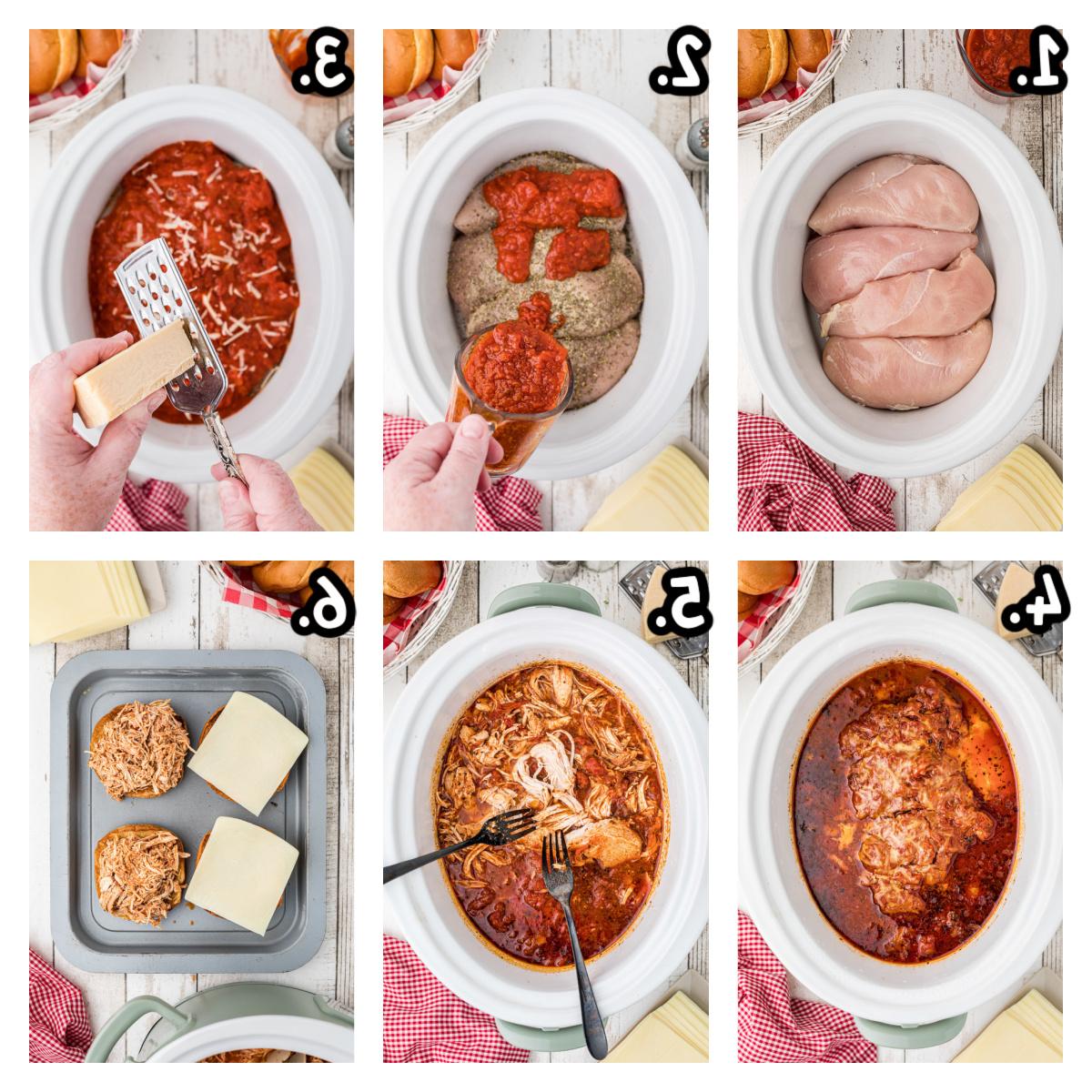 Panini al Pollo alla Parmigiana a Cottura Lenta 4 Una sequenza di 6 immagini che mostrano come preparare panini al pollo alla parmigiana nella slow cooker.