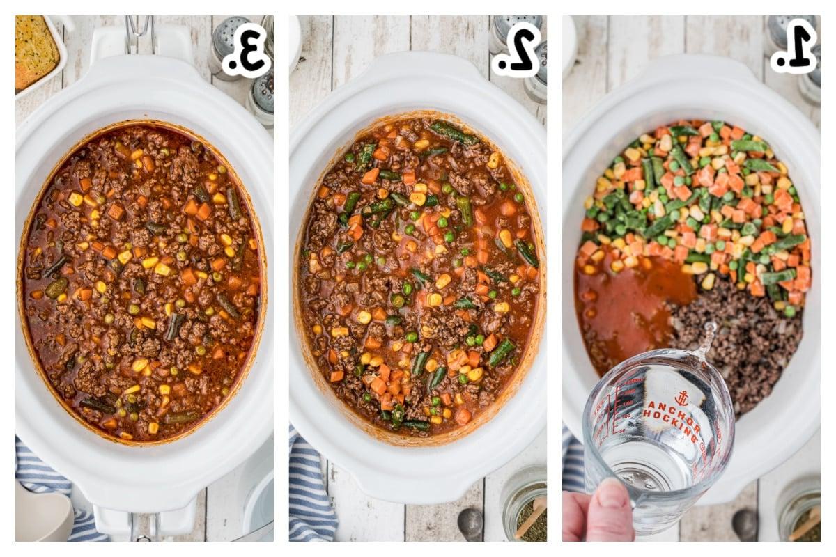 Zuppa di Hamburger a Cottura Lenta 4 Tre immagini che mostrano i passaggi per cucinare la zuppa di hamburger in slow cooker.