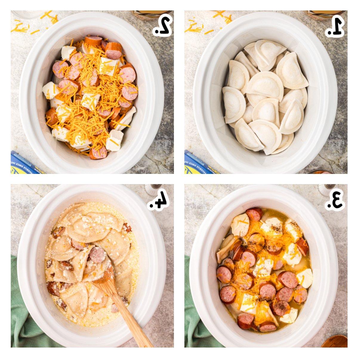 Pierogi a cottura lenta 4 Quattro immagini che mostrano come fare i pierogi in slow cooker.