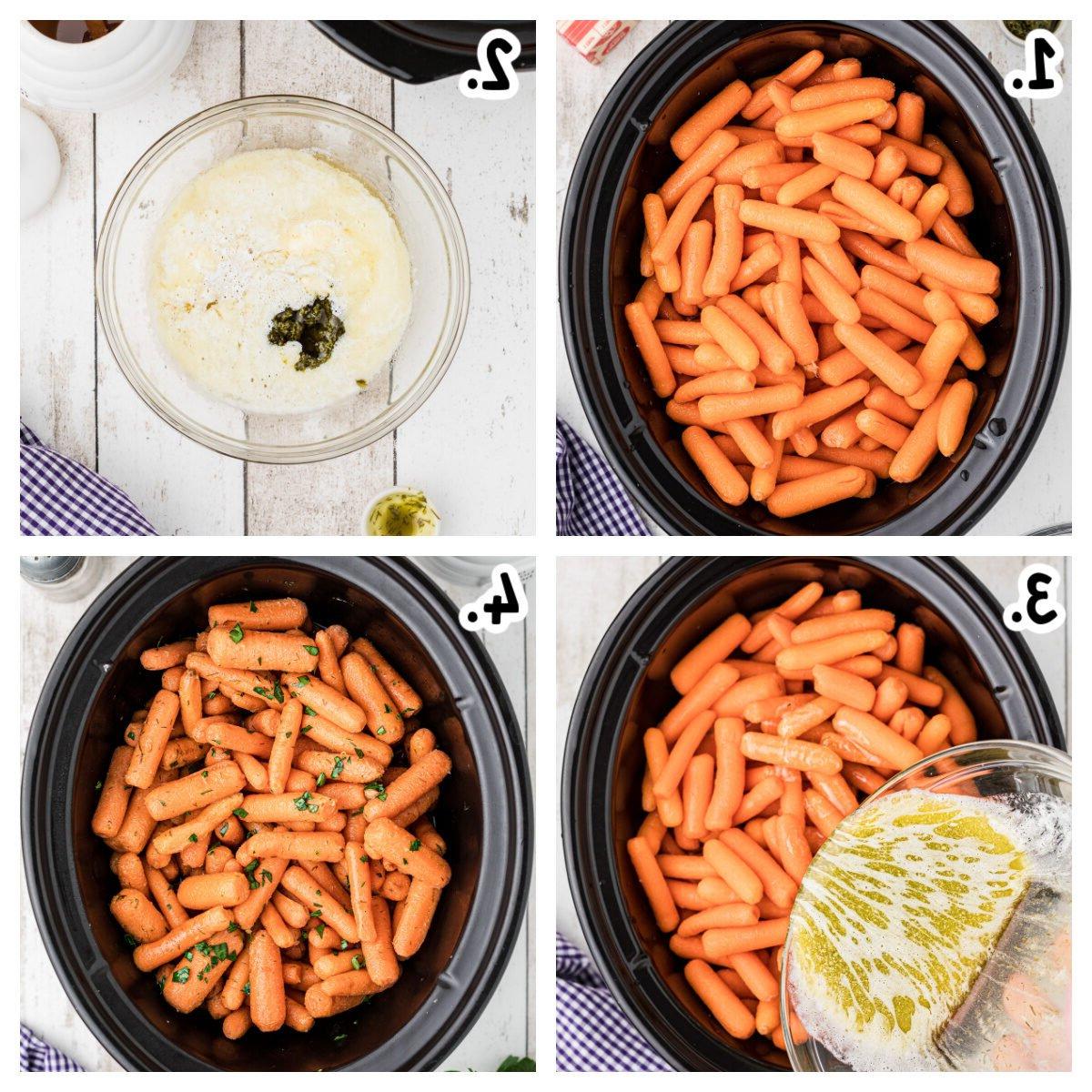 Carote Novelle in Slow Cooker 4 Quattro immagini che mostrano come preparare le carote baby in una pentola a cottura lenta.