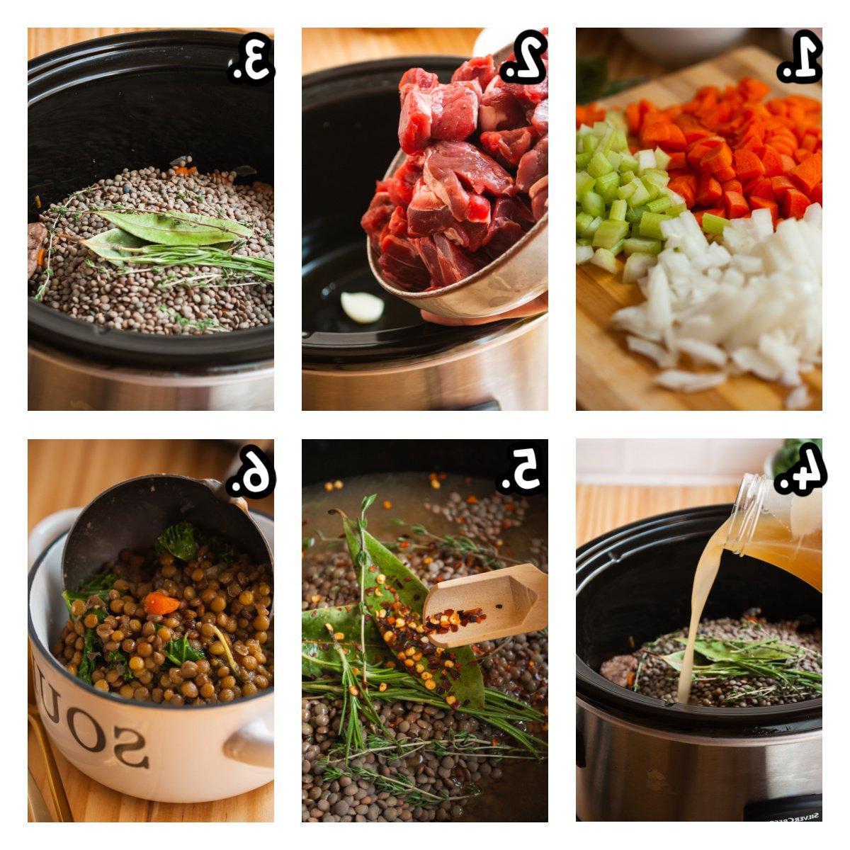 six images showing how to make slow cooker beef and lentil soup.