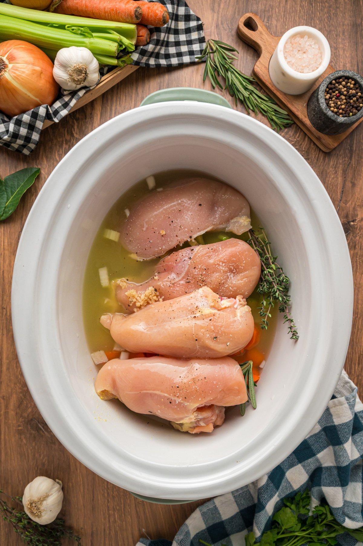 Stufato di Pollo a Cottura Lenta 4 Pollo, verdure e brodo in una slow cooker.