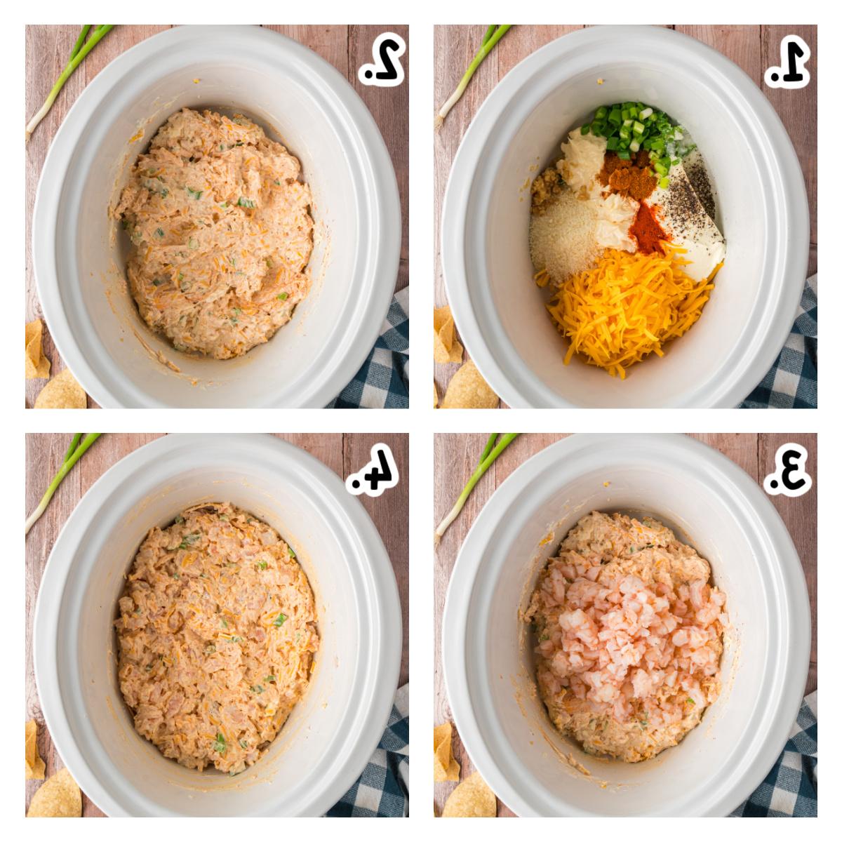 Salsa di Gamberetti Calda a Lenta Cottura 4 four images showing how to make slow cooker hot shrimp dip.