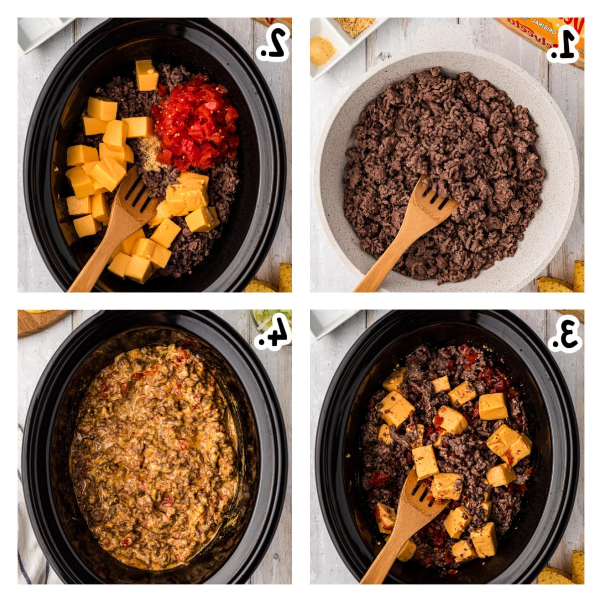 Tacos Rotel a Cottura Lenta 4 Quattro immagini che mostrano come preparare i tacos Rotel in una slow cooker.