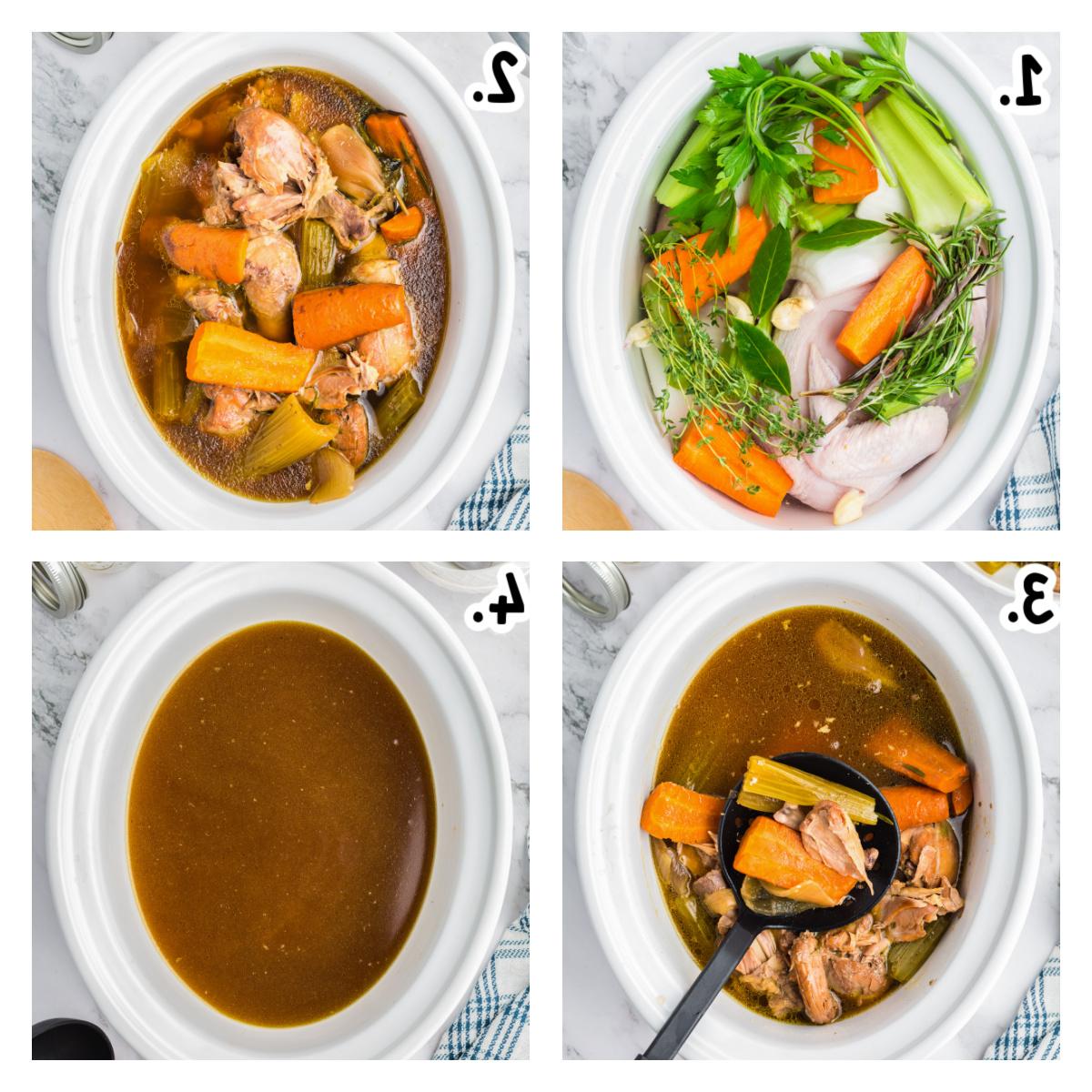 Brodo di Pollo a Cottura Lenta 4 Sequenza fotografica che illustra le fasi principali della preparazione del brodo di pollo nella slow cooker: inserimento ingredienti, cottura, filtraggio e risultato finale.