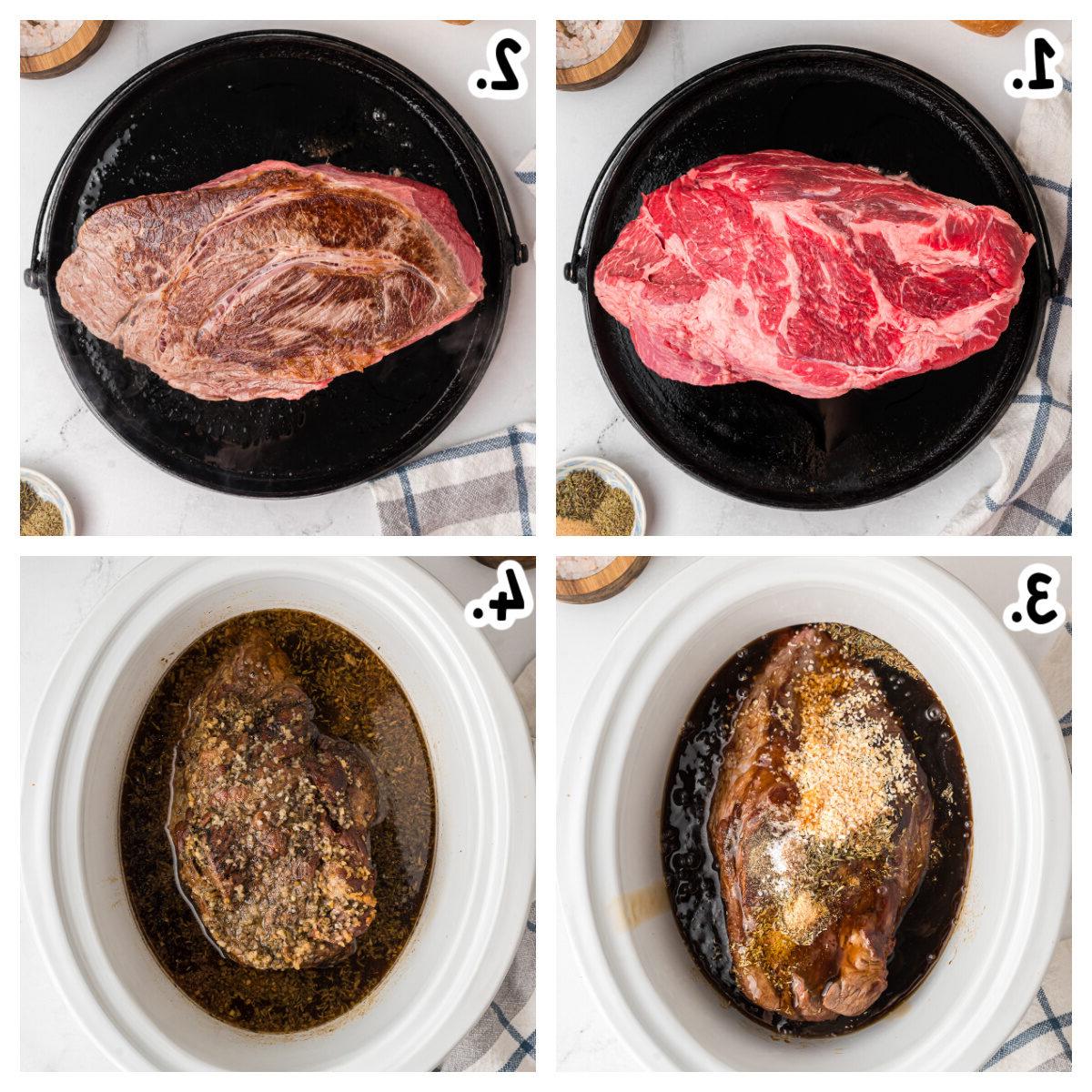Panini French Dip a Cottura Lenta 4 4 immagini che mostrano come preparare la carne French Dip nella pentola a cottura lenta.
