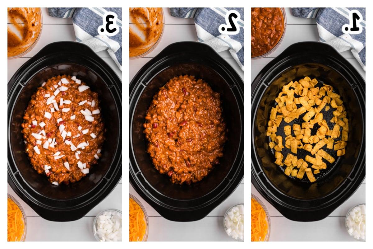 **Pasticcio di Chili a Cottura Lenta al Formaggio** 4 three images showing how to make chili cheese casserole in a slow cooker.