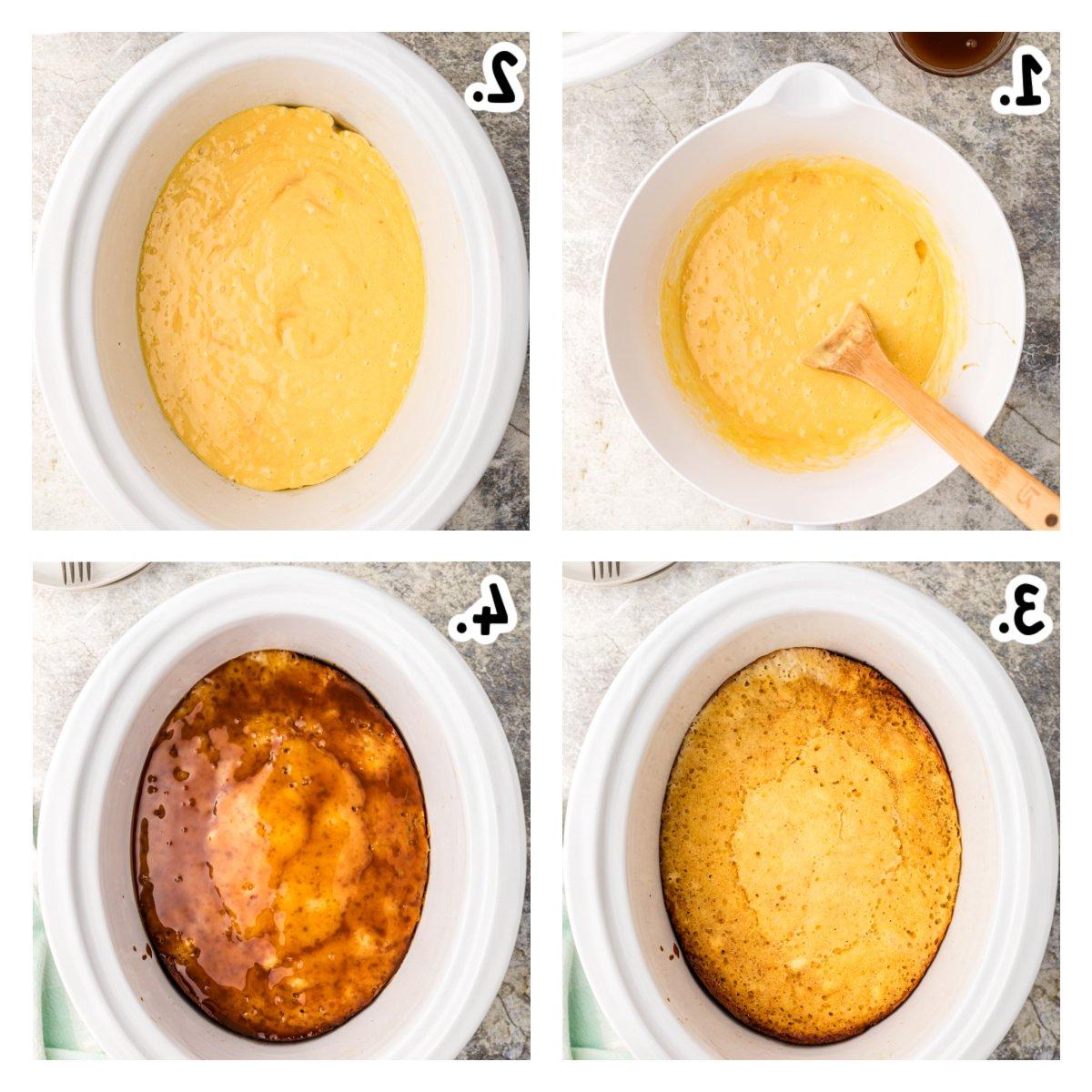 Torta al Caramello a Cottura Lenta 4 quattro immagini che mostrano come fare la torta al caramello slow cooker.