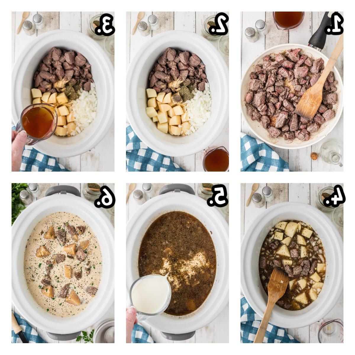 Zuppa di Manzo e Patate 4 sei immagini che mostrano come preparare la zuppa di manzo e patate in slow cooker.