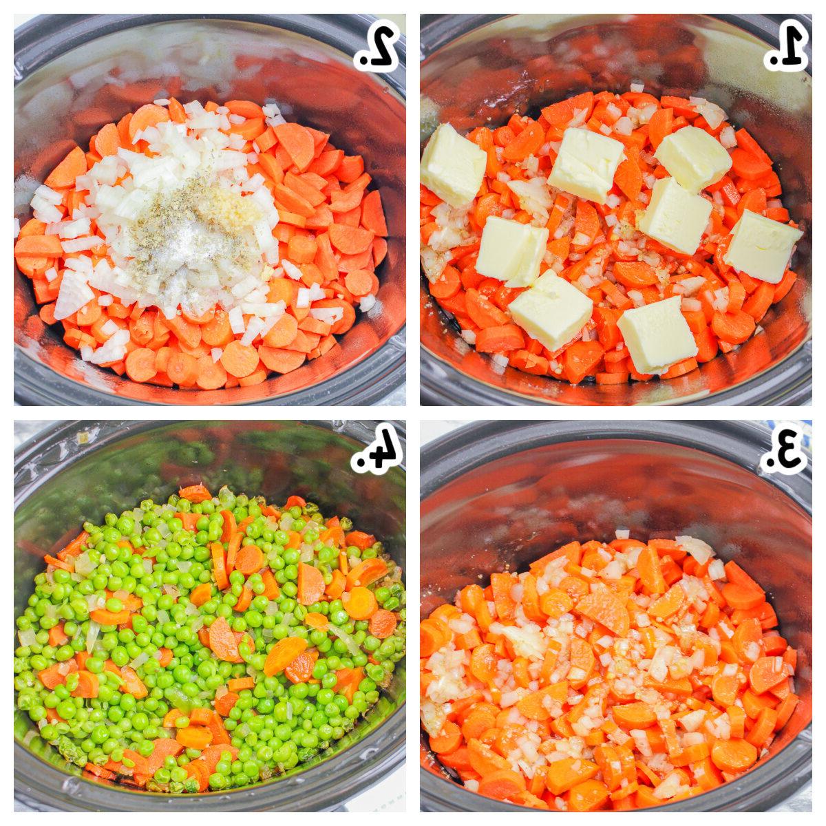 Collage di immagini che mostrano come posizionare gli ingredienti principali per piselli e carote nella pentola a cottura lenta