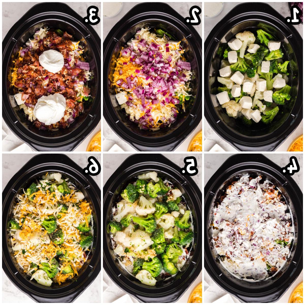 steps on how to add ingredient for cauliflower casserole to a crockpot