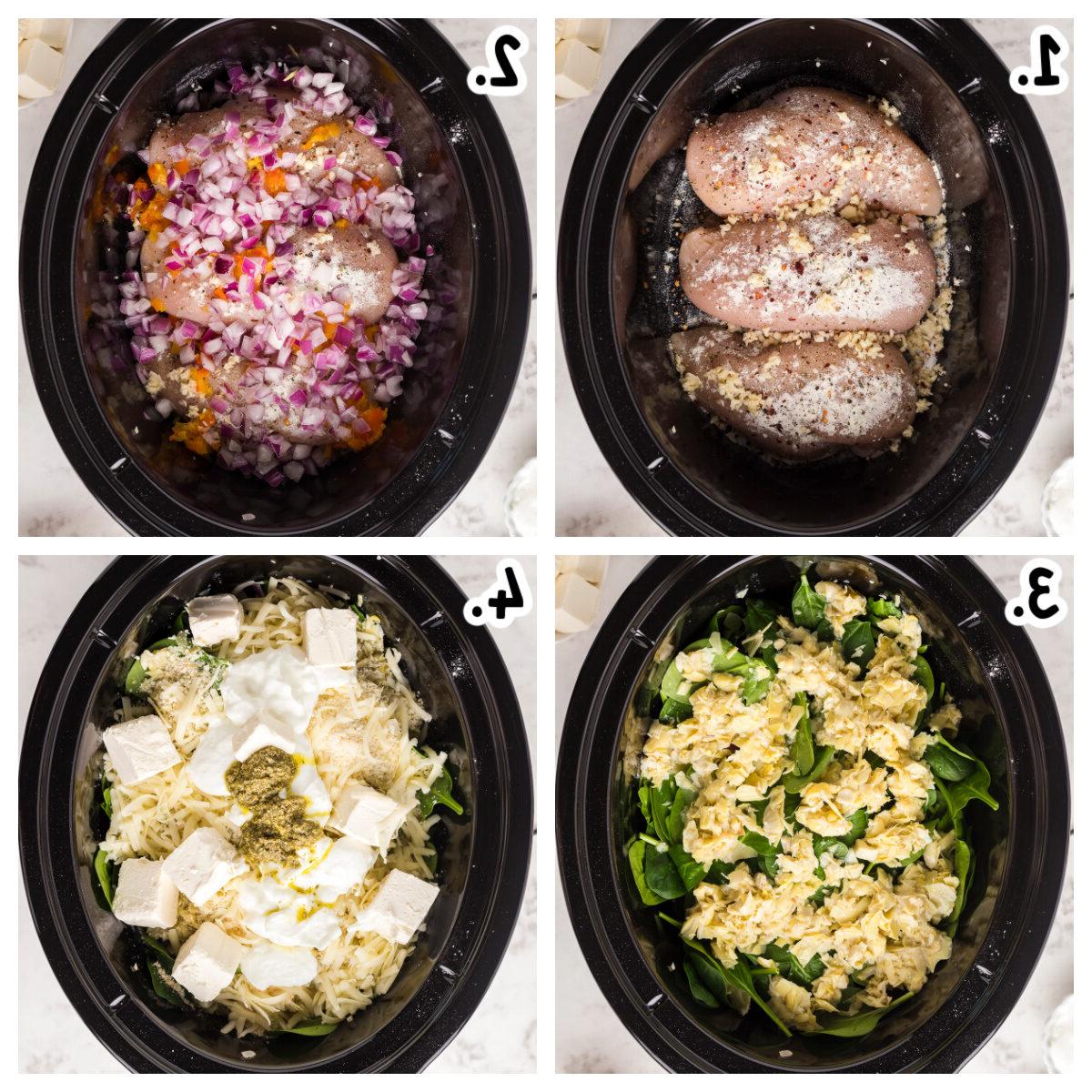 collage su come aggiungere gli ingredienti per la pasta di pollo spinaci e carciofi nella slow cooker
