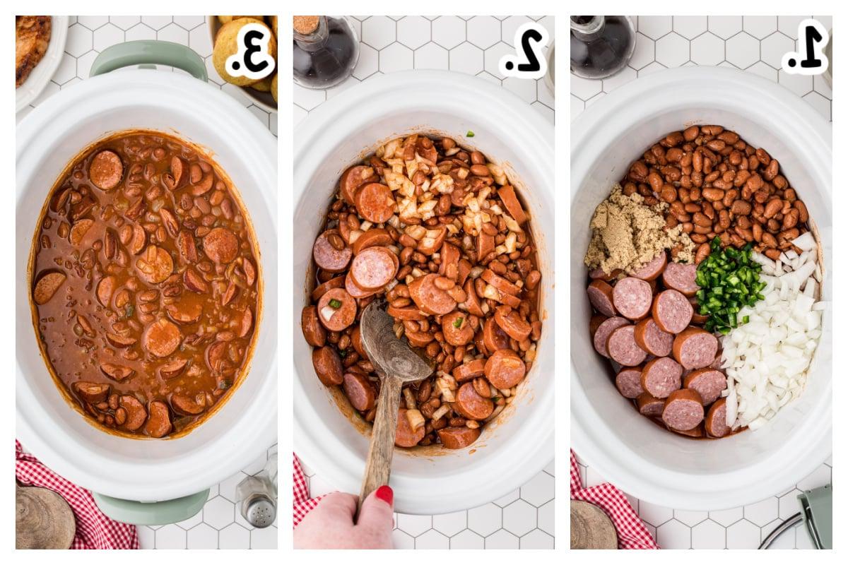3 immagini che mostrano come preparare i fagioli ranch con la kielbasa.