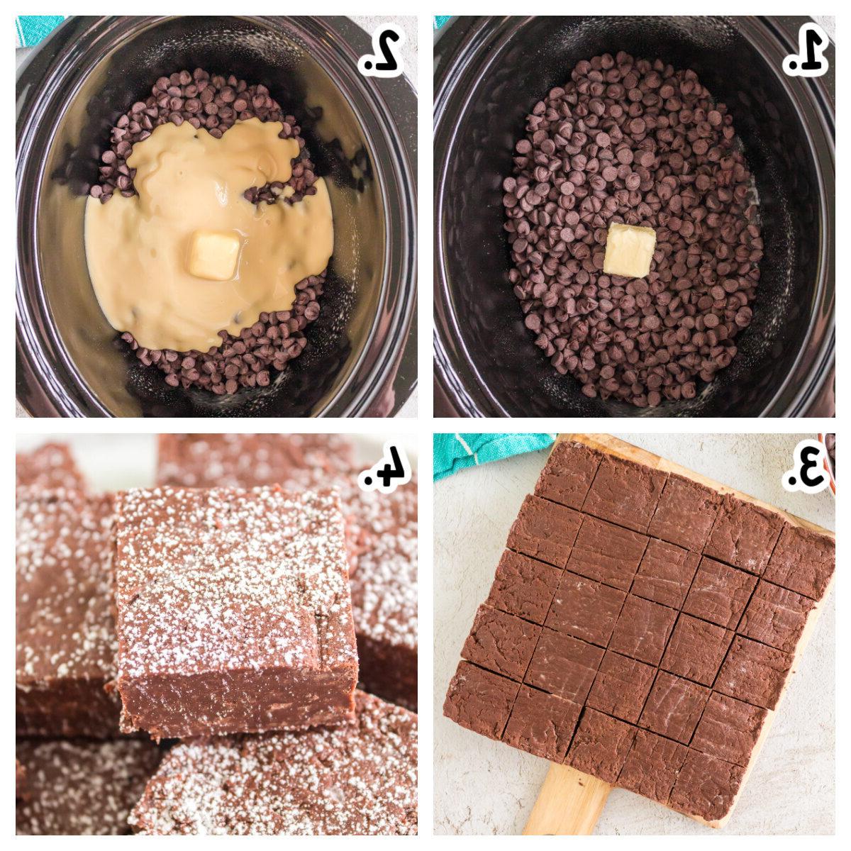 4 immagini che mostrano come fare il fudge in una pentola a cottura lenta.