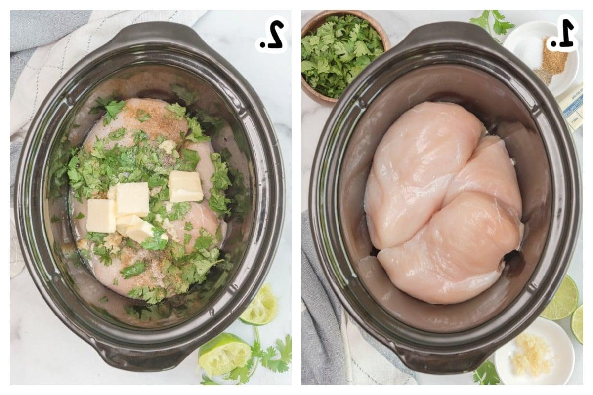 **Pollo al Coriandolo e Lime a Cottura Lenta** 4 collage di 2 immagini su come aggiungere gli ingredienti per il pollo al coriandolo e lime nella slow cooker