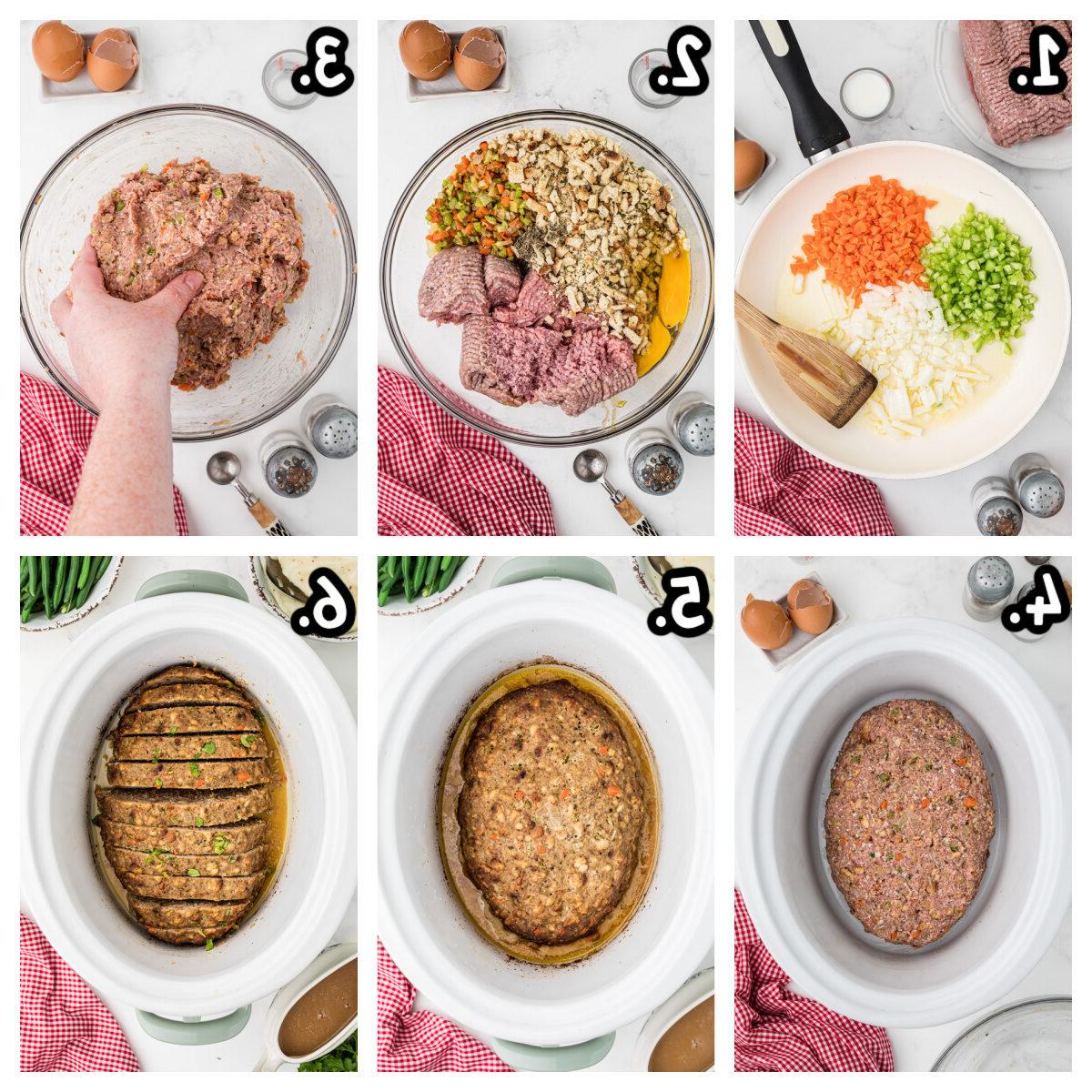 **Polpettone di tacchino a cottura lenta (con ripieno cotto in padella)** 4 6 immagini che mostrano come preparare il polpettone di tacchino in una slow cooker.
