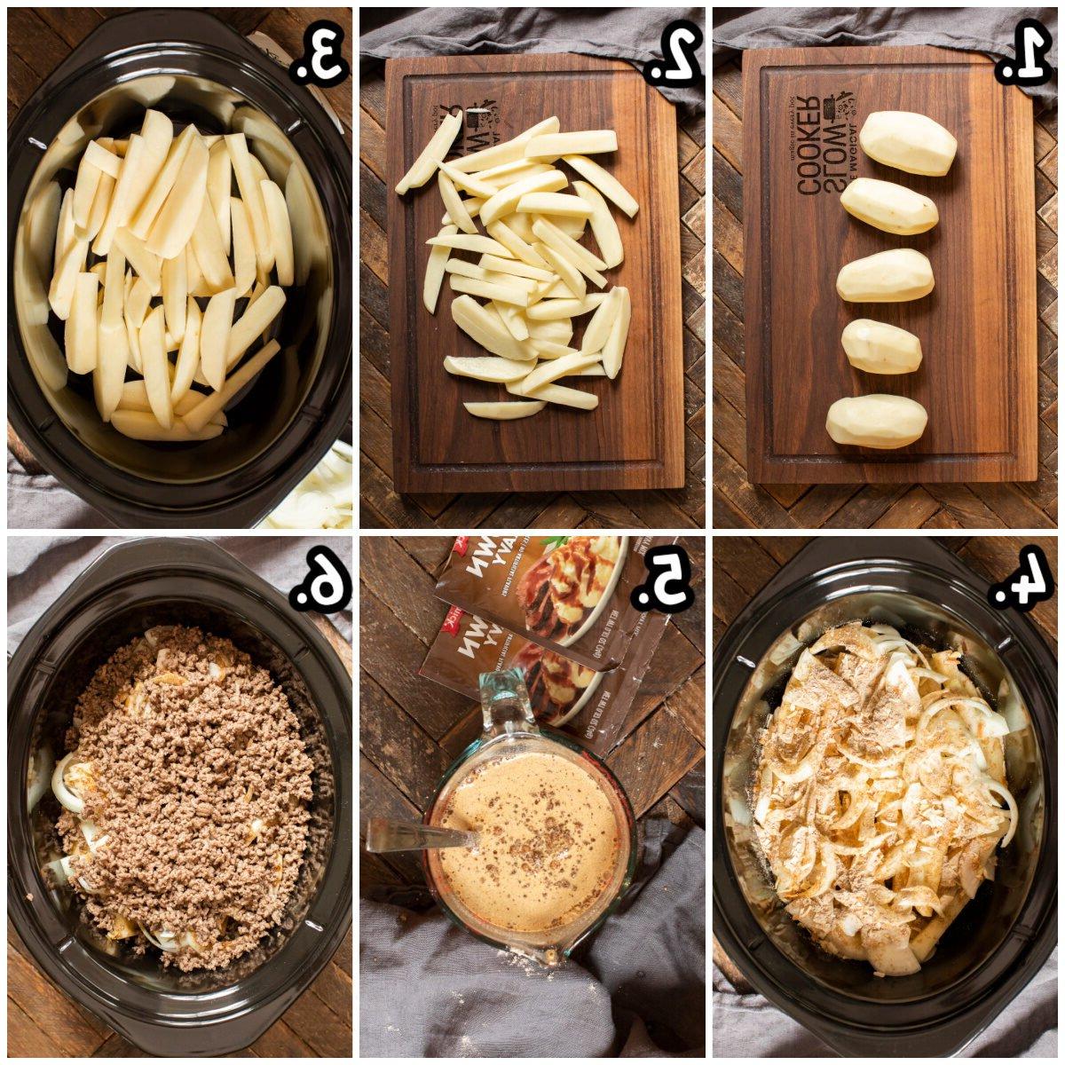 Casseruola di Patate e Hamburger a Cottura Lenta 4 Collage dei passaggi per aggiungere patate, cipolla, manzo, sugo nella slow cooker
