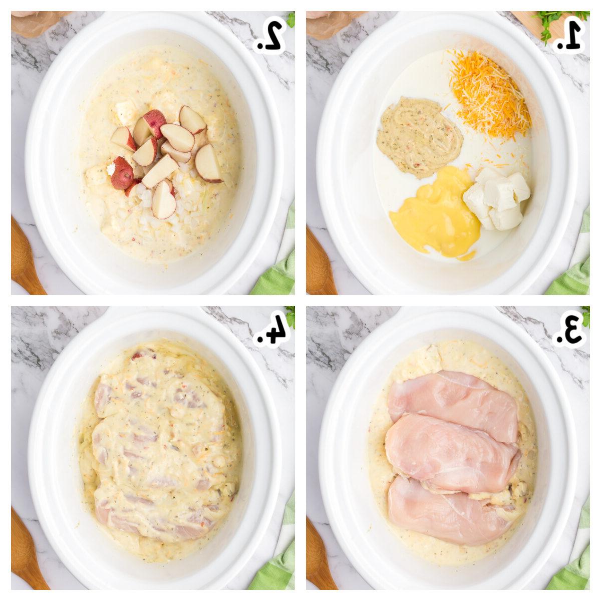 **Pollo all'Aglio e Parmigiano con Pasta a Cottura Lenta** 4 Quattro immagini che mostrano le fasi iniziali di aggiunta degli ingredienti per la pasta al pollo nella slow cooker, passo dopo passo.