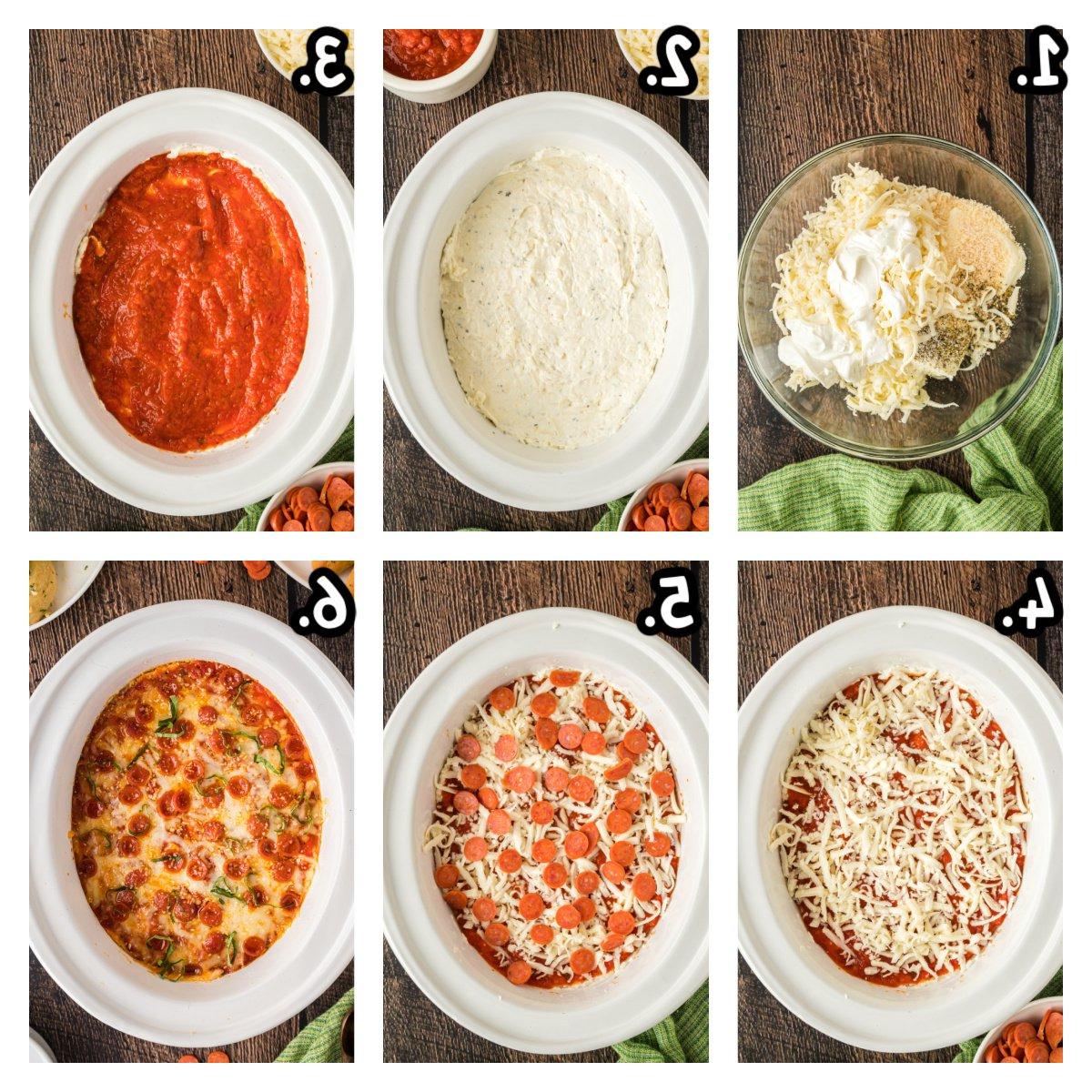 Salsa Pizza a Cottura Lenta 4 six images showing how to make pizza dip in a crockpot.