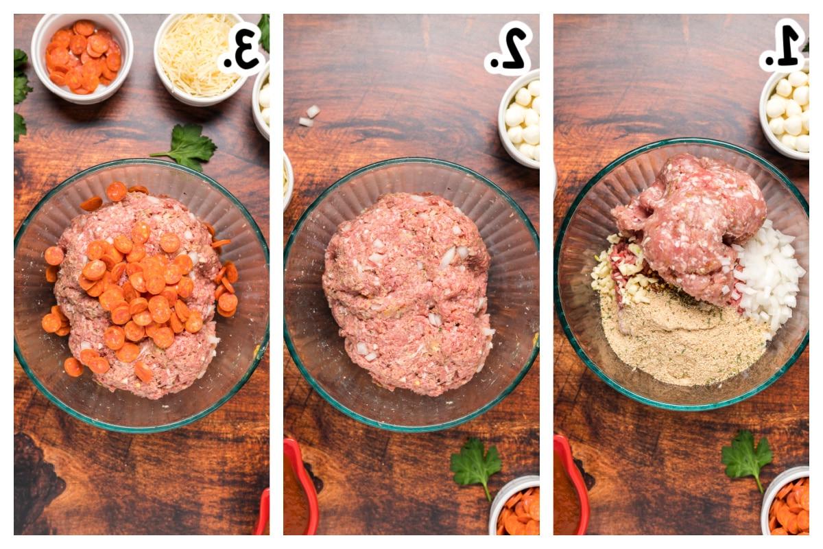 Polpette di Pizza a Cottura Lenta 4 Serie di tre immagini che illustrano il processo di miscelazione degli ingredienti per le polpette: dalla combinazione alla perfetta amalgama.