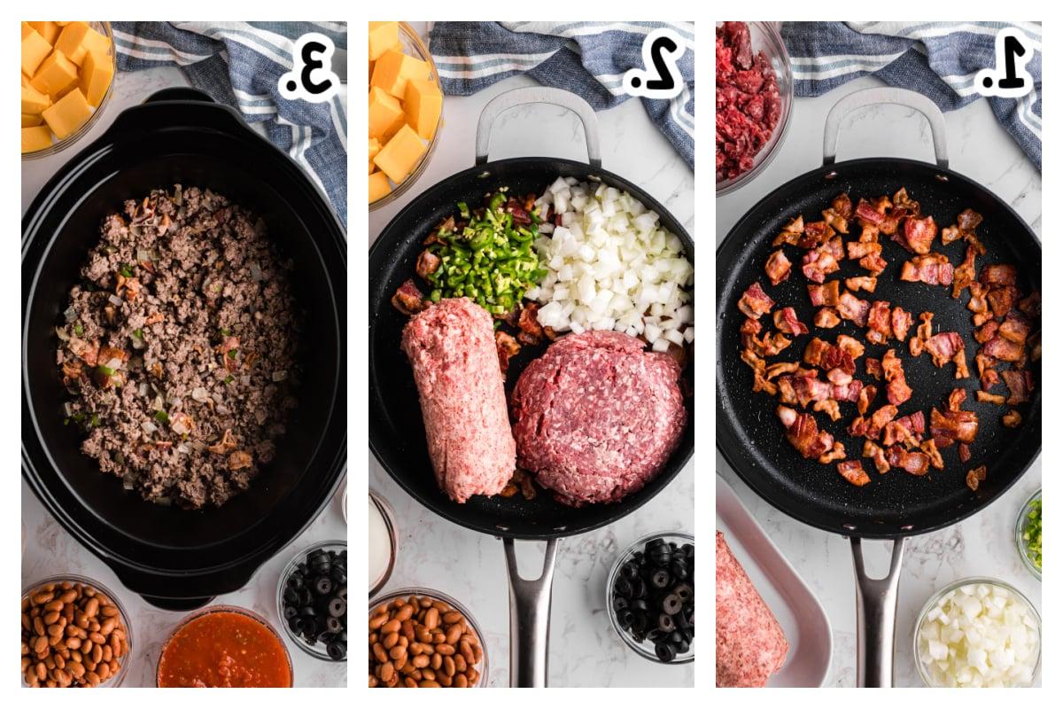 **Dip di Nachos Ricco Cotto Lentamente** 4 three images showing how to make slow cooker loaded nacho dip.