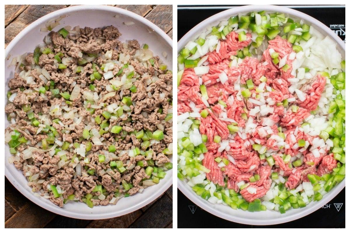 Sloppy Joes a Cottura Lenta 4 Collage di 2 foto: Carne macinata che cuoce con peperone e cipolla