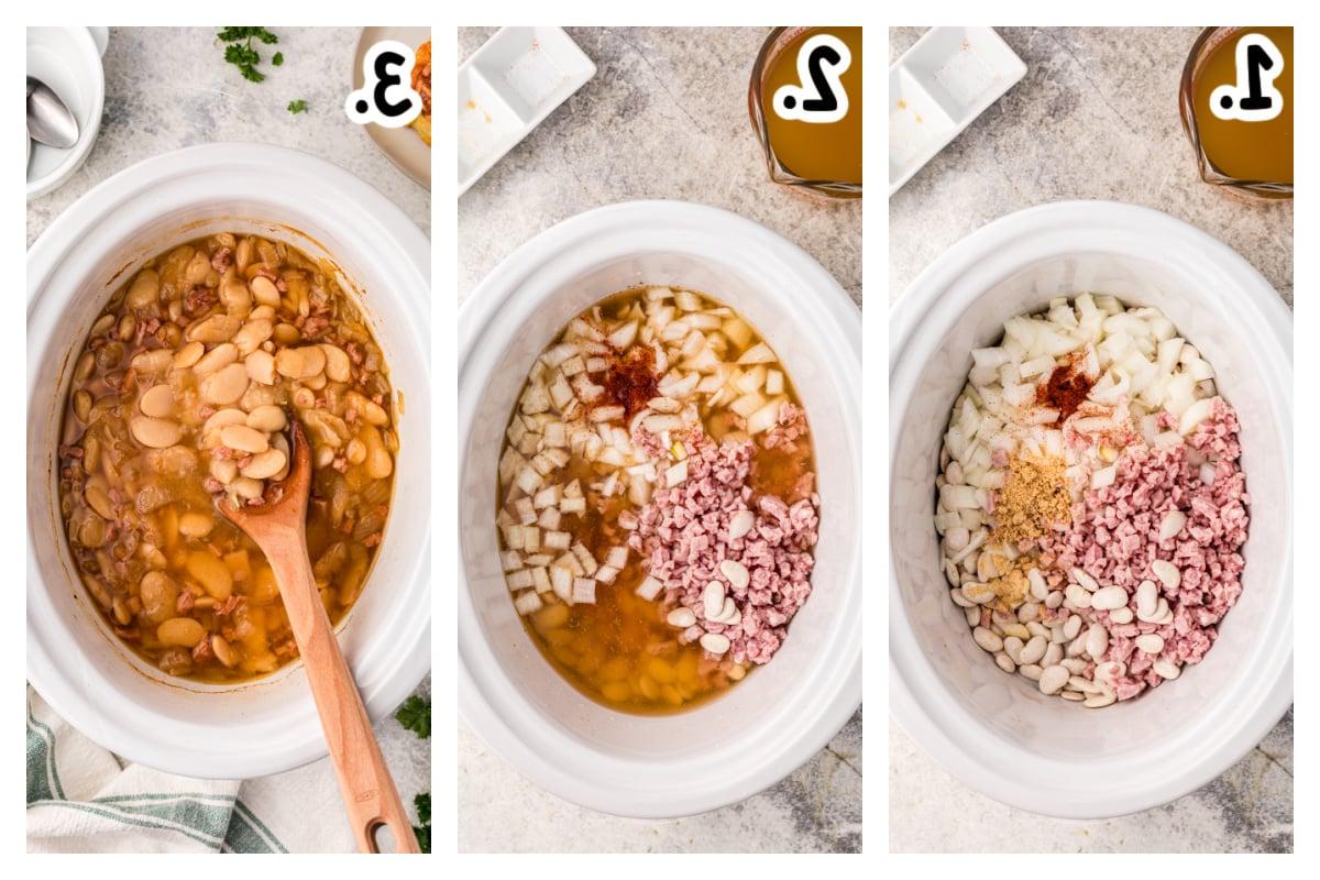 Fagioli di Lima a Cottura Lenta 4 Tre immagini che mostrano come preparare i fagioli di lima in una pentola a cottura lenta.