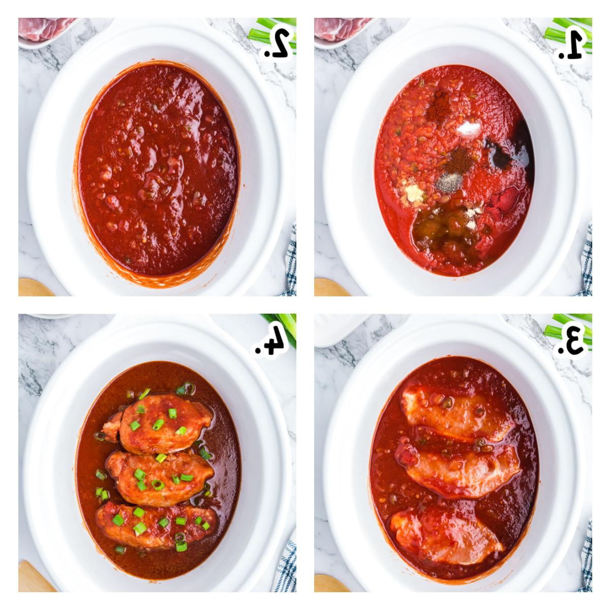 Costolette di Maiale al Barbecue in Slow Cooker 4 Quattro immagini che mostrano come preparare costolette di maiale al barbecue nella slow cooker.