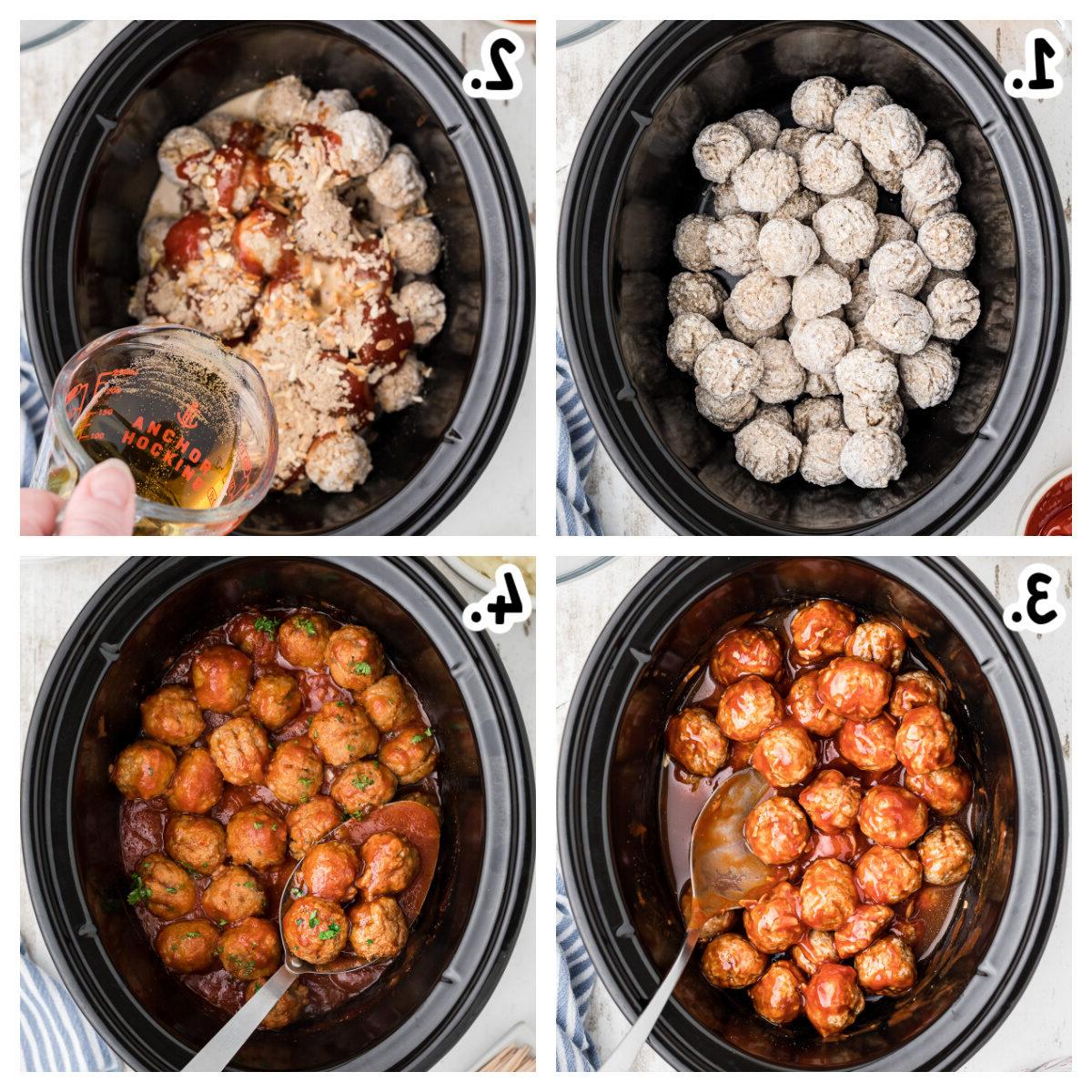 Polpette alla Birra a Cottura Lenta 4 Quattro immagini che mostrano come preparare polpette alla birra in una slow cooker.