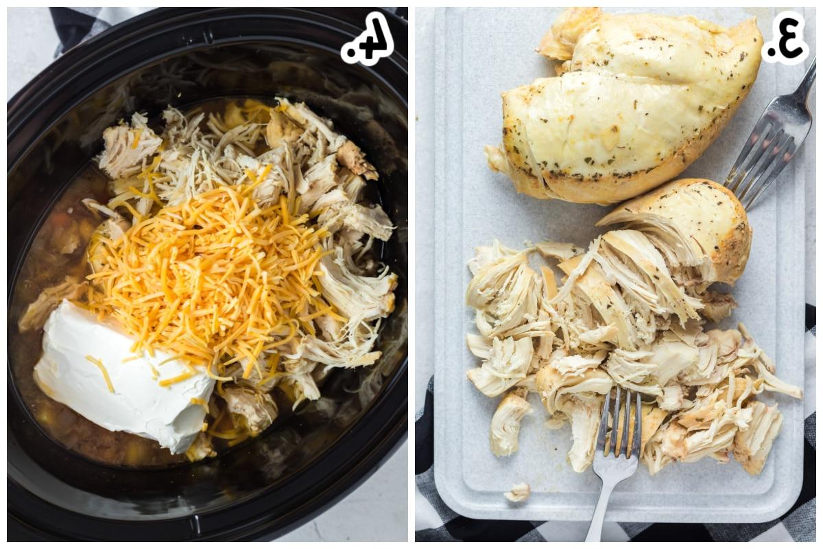 Zuppa di Pollo alla Buffalo a Cottura Lenta 4 collage di 2 immagini su come sfilacciare il pollo e aggiungere formaggio cremoso e cheddar allo slow cooker