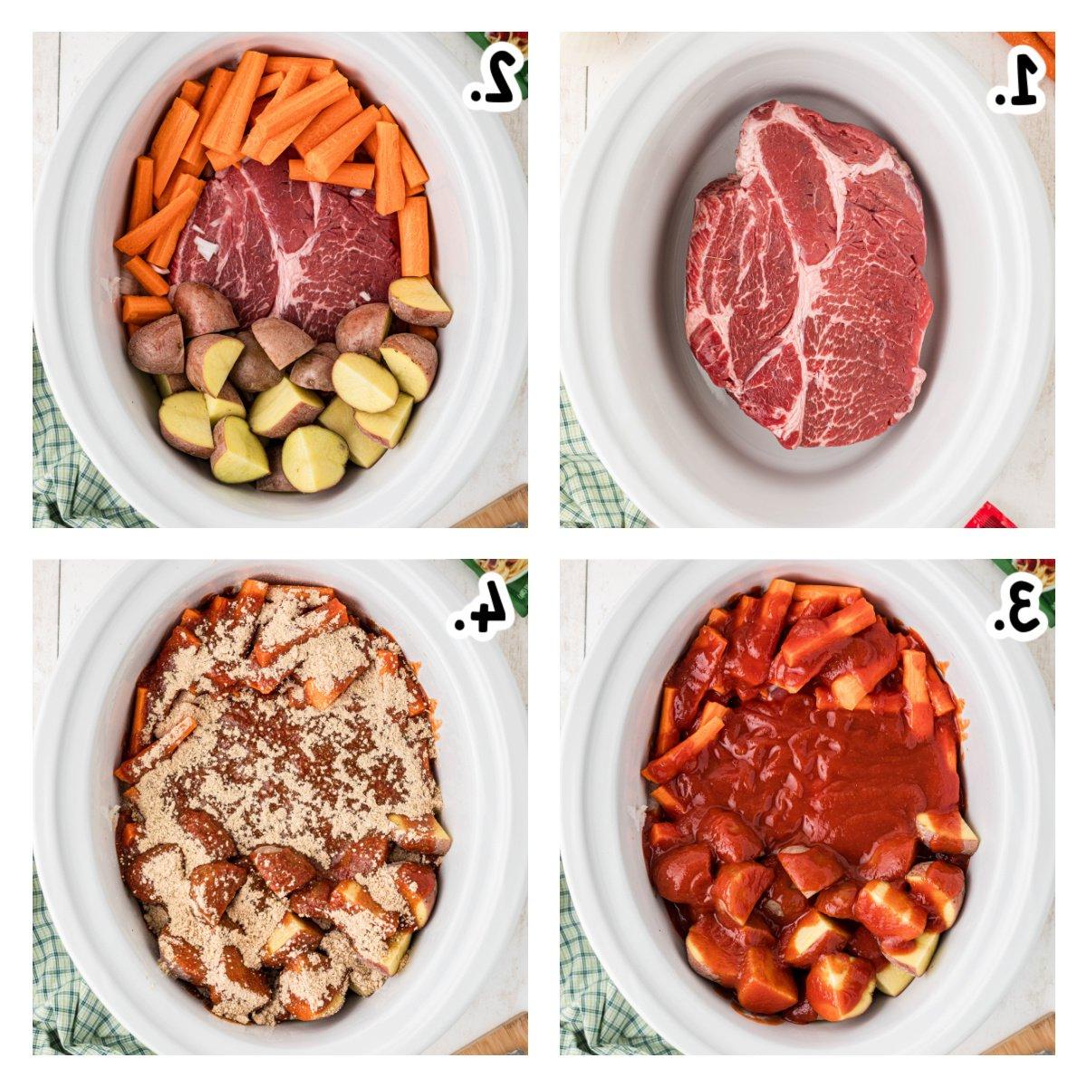 **Stracotto all'Italiana** 4 quattro immagini che mostrano come fare il manzo brasato all'italiana in slow cooker.