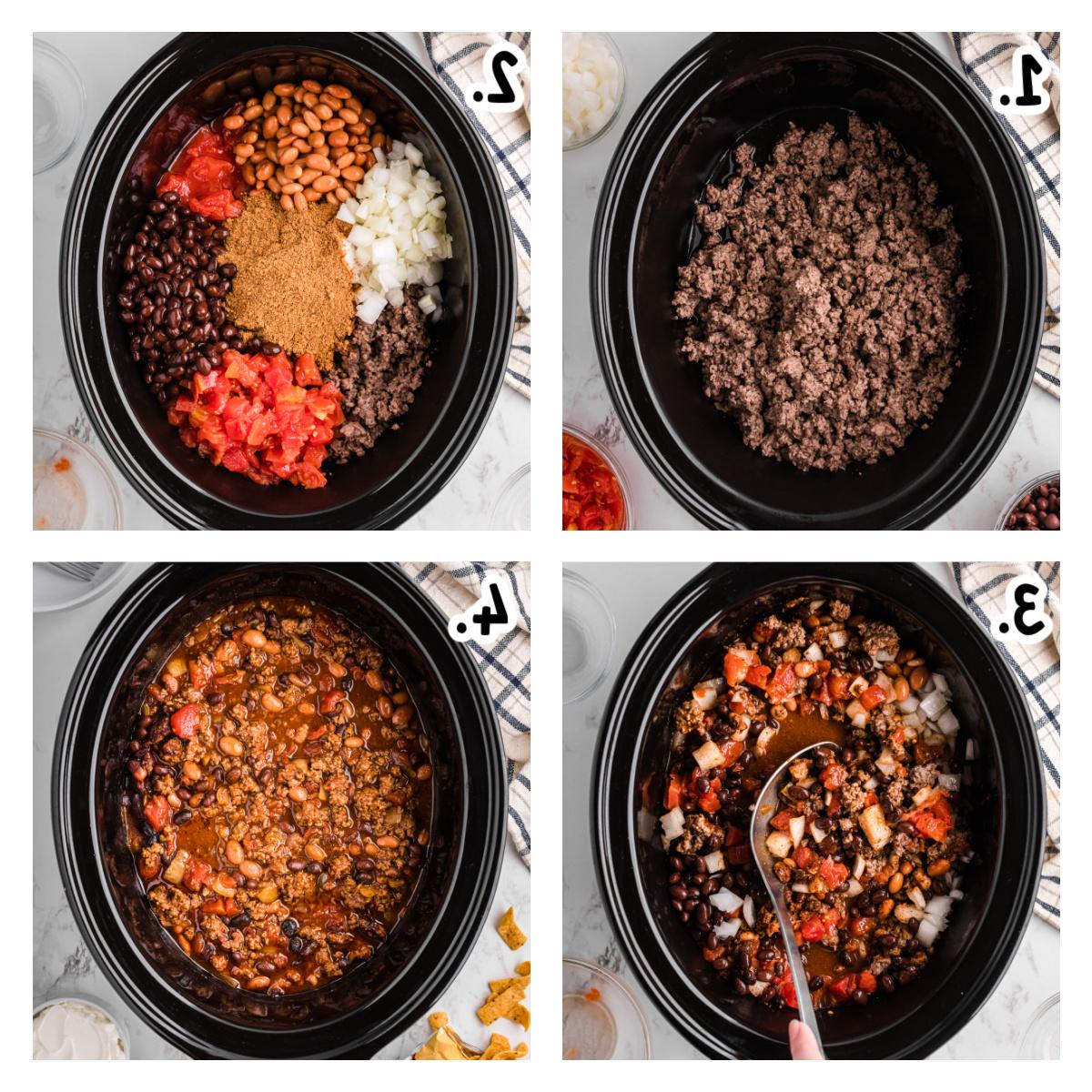 Frito Pies 4 Quattro immagini che mostrano come preparare la Frito Pie in slow cooker.