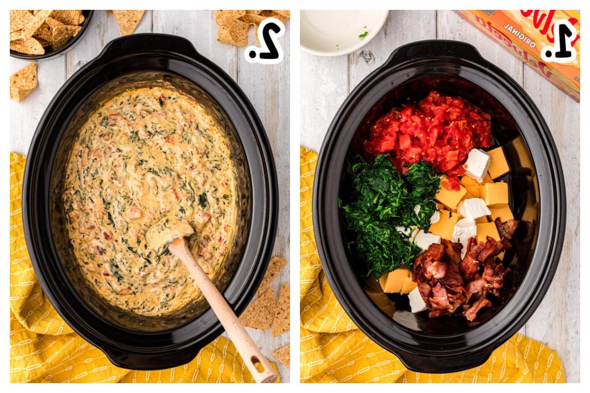 Salsa di Formaggio e Spinaci a Lenta Cottura 4 2 immagini di queso spinaci dip in una pentola a cottura lenta.