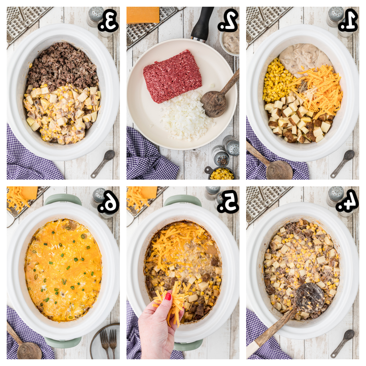 **Stufato di Hamburger in Cottura Lenta** 4 Sei immagini che mostrano come preparare l'hash di hamburger in una slow cooker.