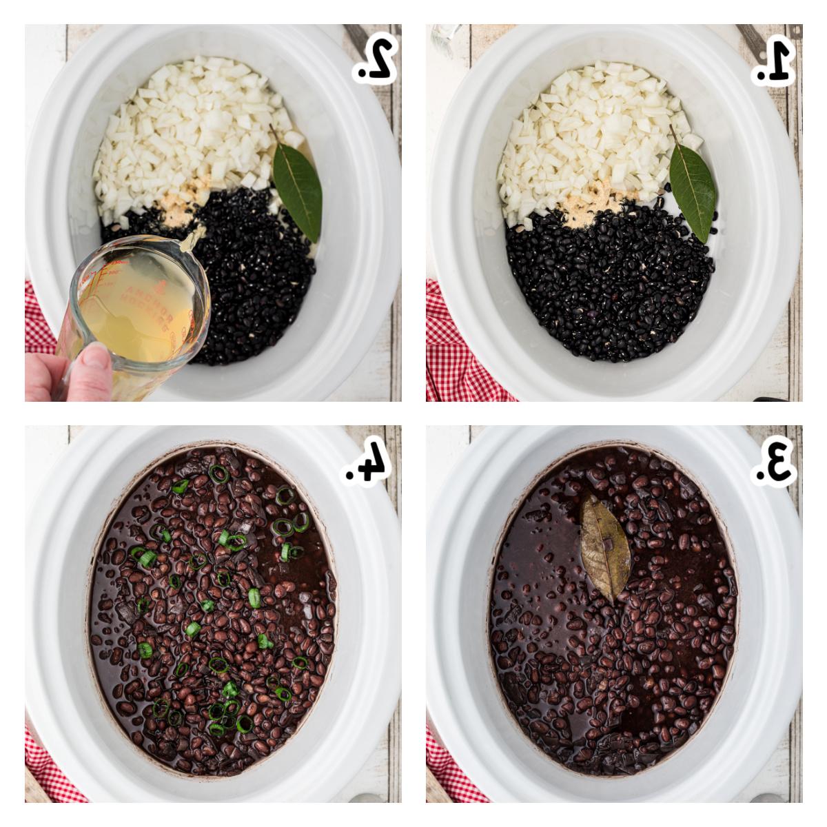 Fagioli Neri Cottura Lenta 4 Quattro immagini sequenziali che illustrano i passaggi per preparare i fagioli neri in una slow cooker bianca.