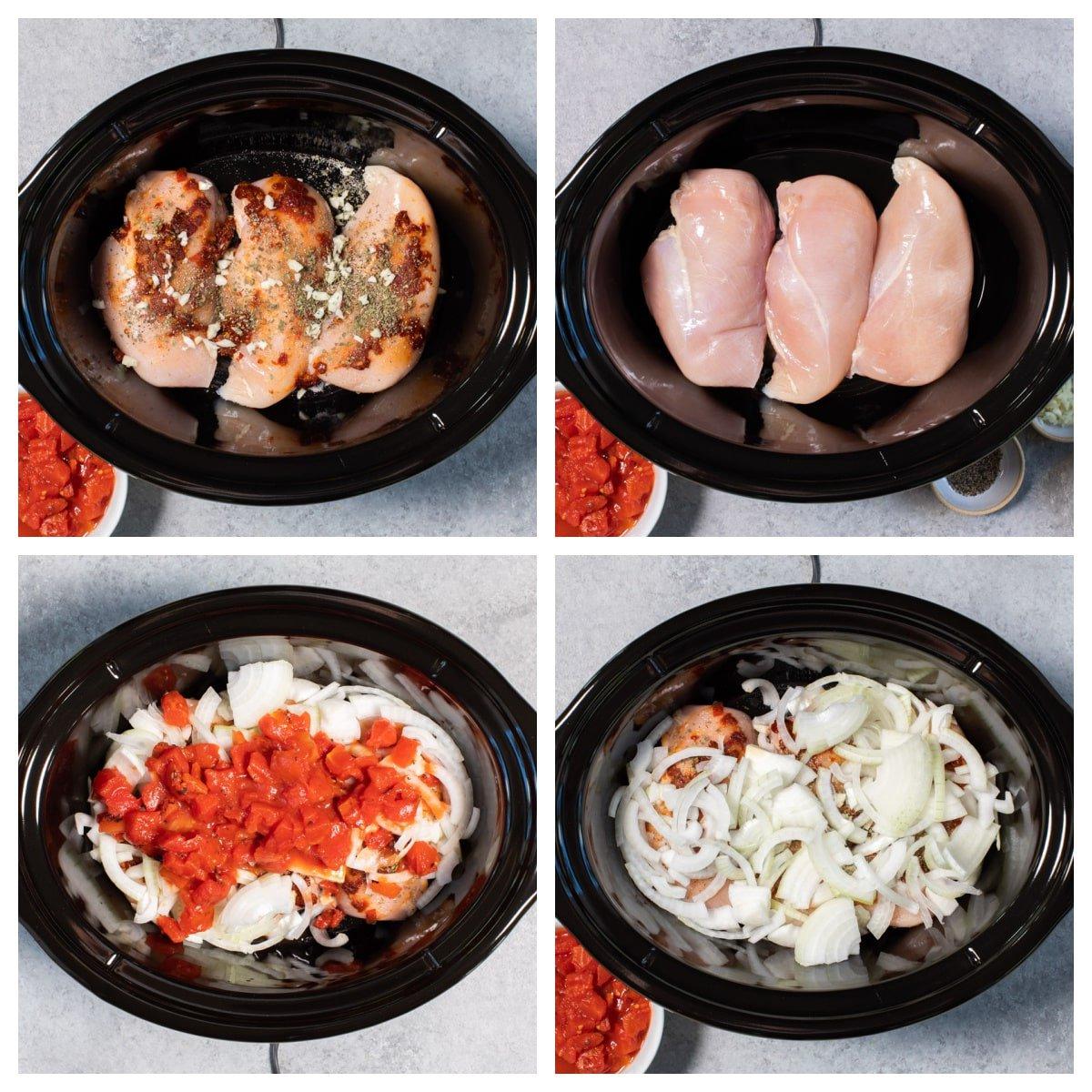 Pollo Tinga a Cottura Lenta 4 Collage di 4 foto su come preparare il pollo tinga nello slow cooker