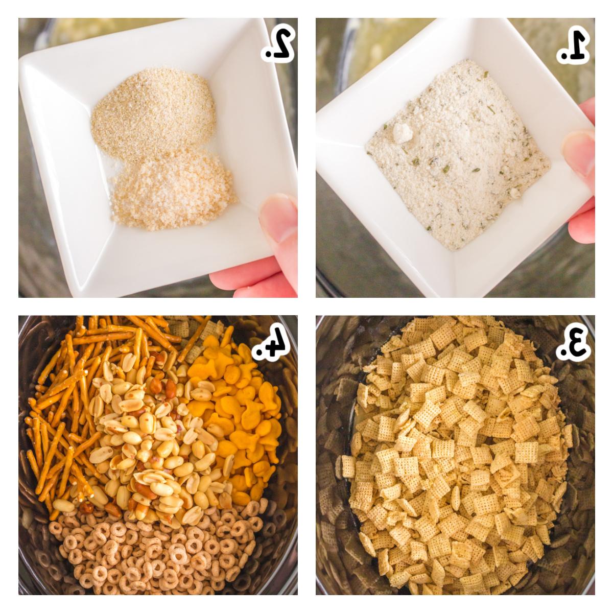 Mix Chex al Ranch per Cottura Lenta 4 Quattro immagini che mostrano come preparare il Chex Mix al Ranch nella slow cooker.