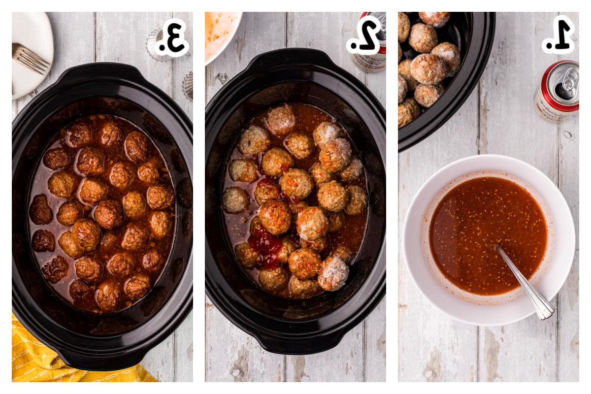Polpette al Jalapeño in Slow Cooker 4 Tre immagini che mostrano le fasi di preparazione delle polpette al jalapeño in slow cooker: mescolare la salsa, aggiungere le polpette e cuocere.