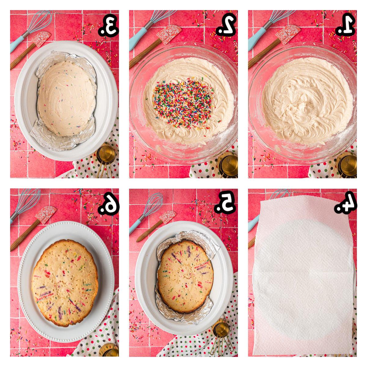 Sei immagini che mostrano come preparare la torta di compleanno nella slow cooker.