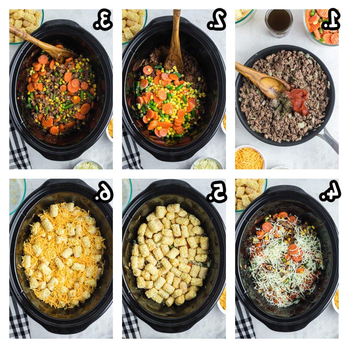 Sformato di Tater Tot alla Pastore 4 Six images of how to make shepherd's tater tot casserole in a crockpot.
