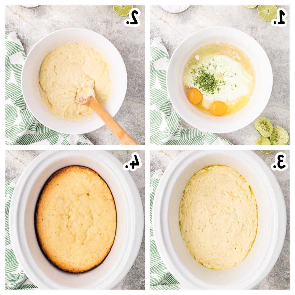 Torta al Lime a Cottura Lenta 4 4 immagini che mostrano come preparare l'impasto della torta e aggiungerlo alla slow cooker.