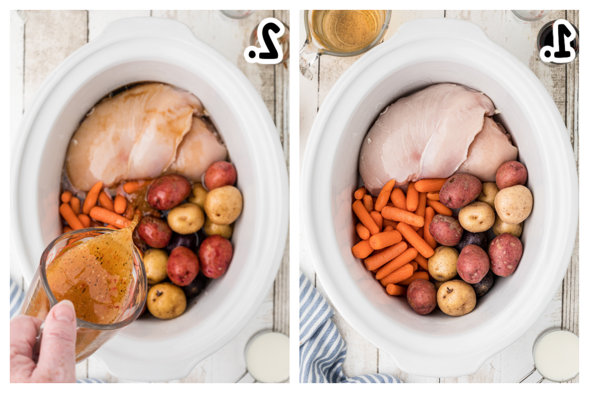 2 immagini su come aggiungere gli ingredienti alla slow cooker per il pollo italiano con salsa.