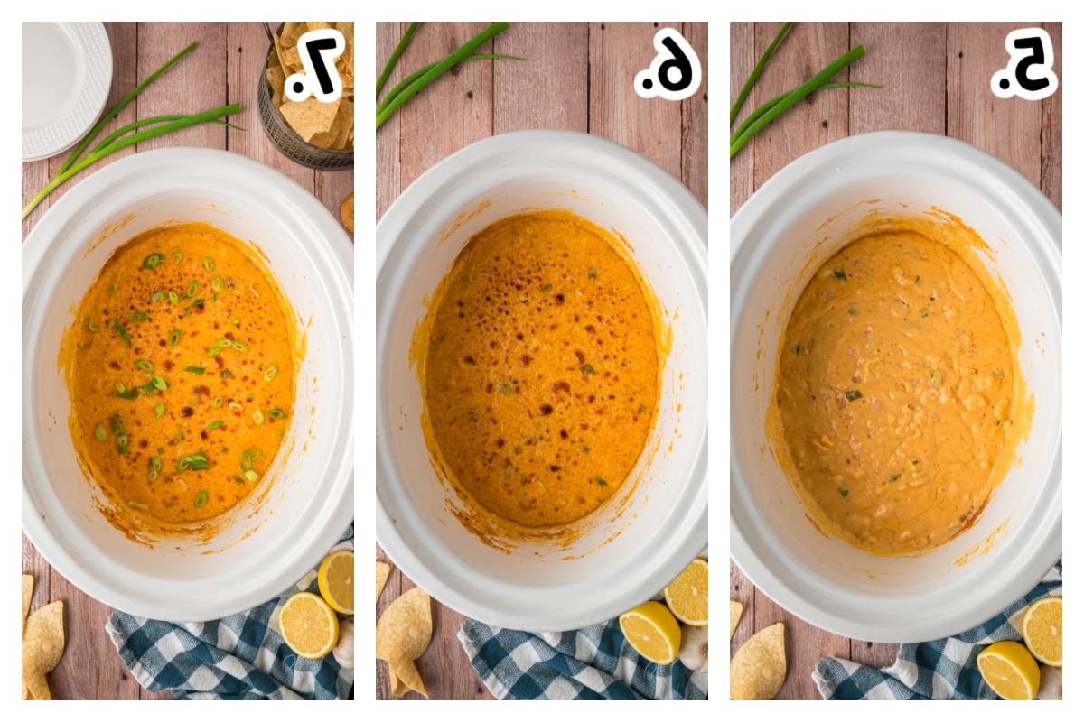 Salsa di Gamberetti Calda a Lenta Cottura 5 three images showing how to make slow cooker hot shrimp dip.