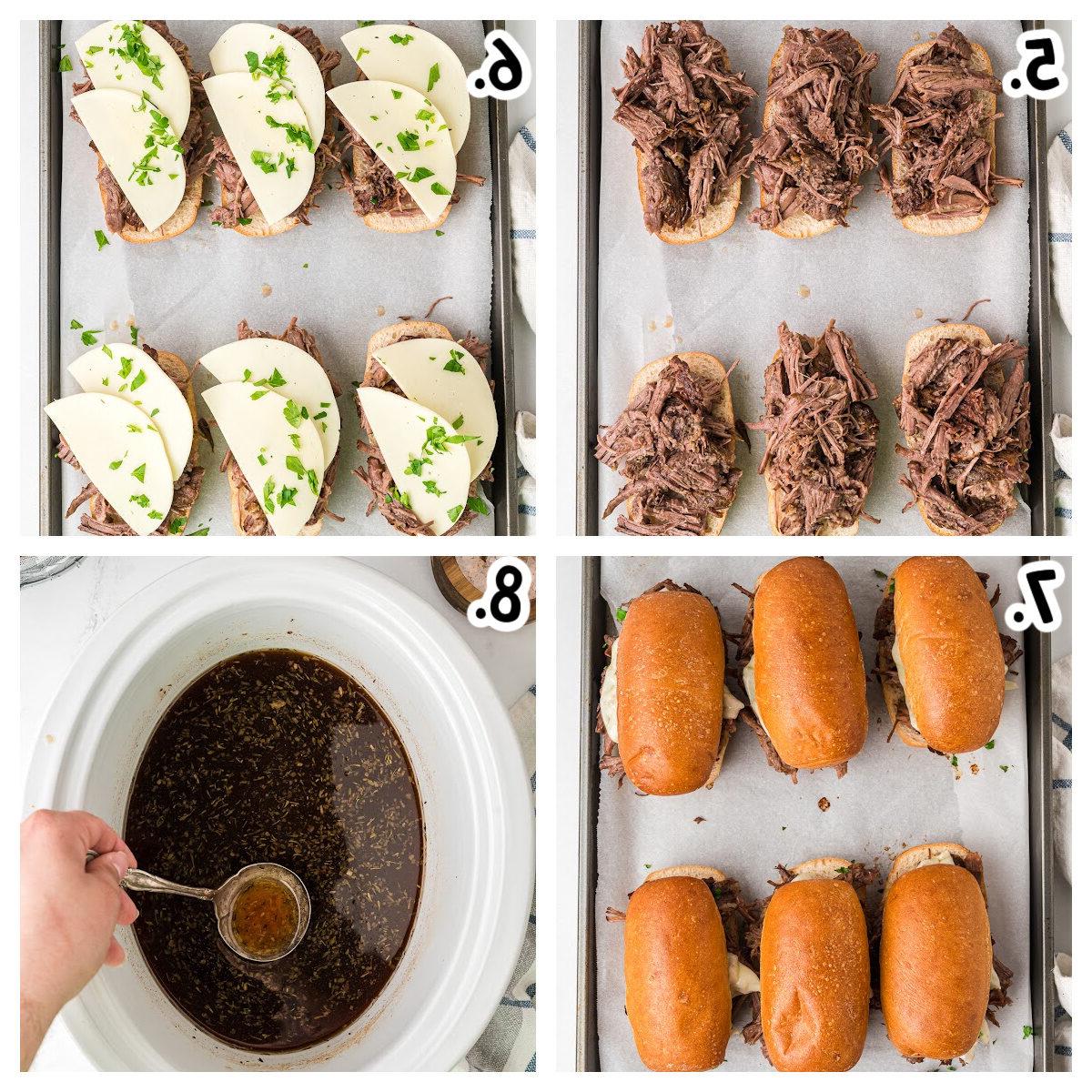 Panini French Dip a Cottura Lenta 5 4 immagini che mostrano come assemblare i panini French Dip sui panini hoagie.