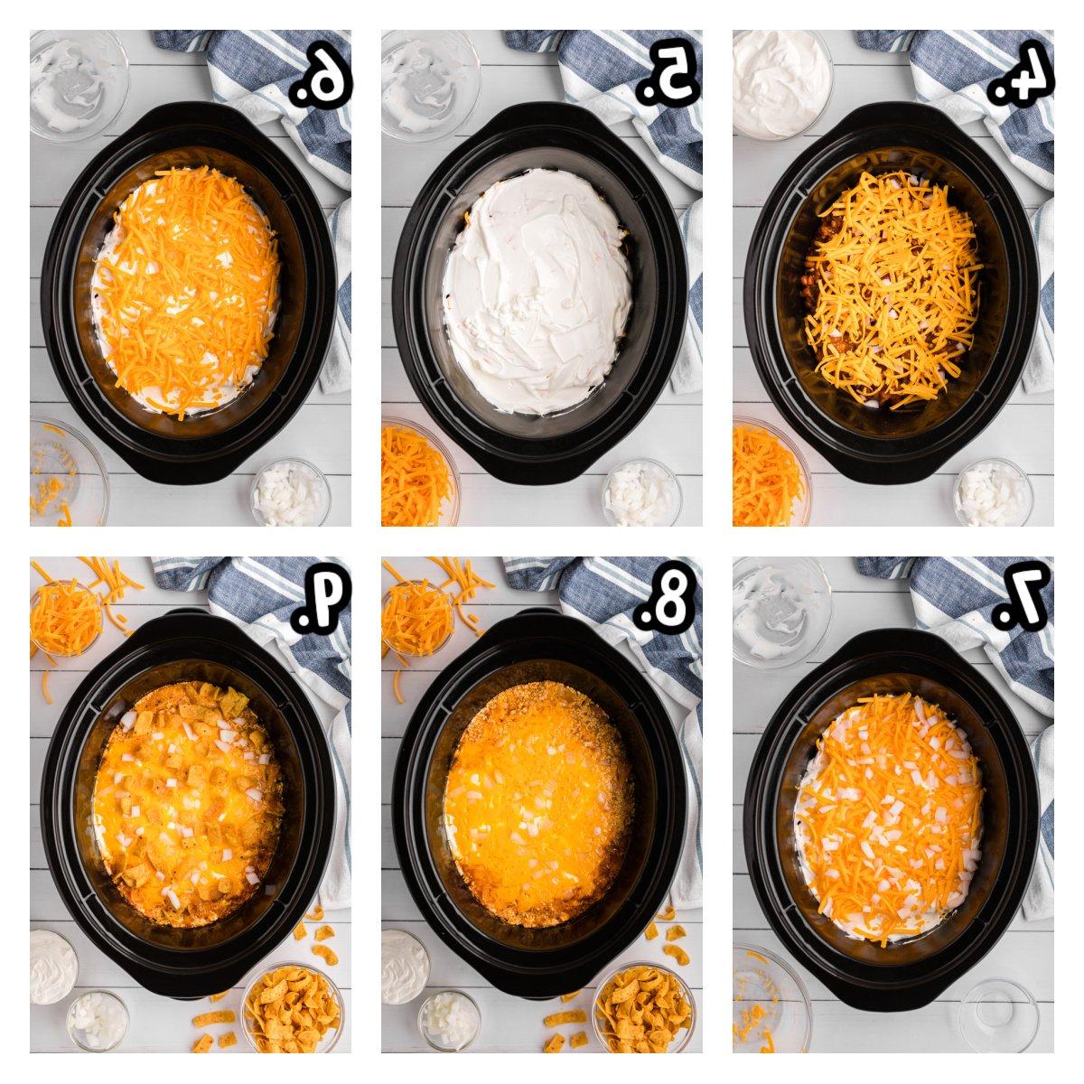 **Pasticcio di Chili a Cottura Lenta al Formaggio** 5 six images showing how to make slow cooker chili cheese casserole with fritos.