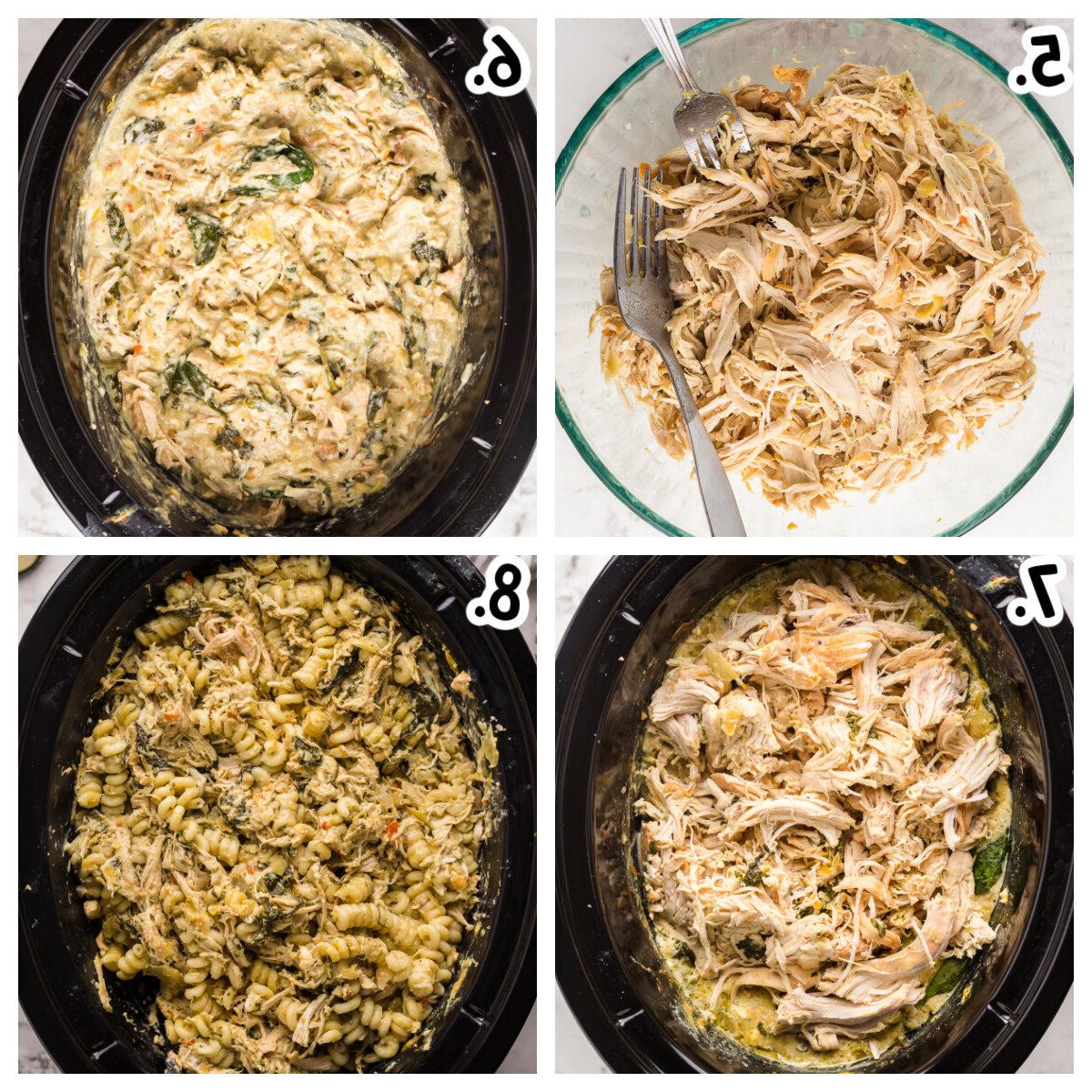 come sfilacciare il pollo e aggiungere la pasta nella slow cooker per la pasta di pollo spinaci